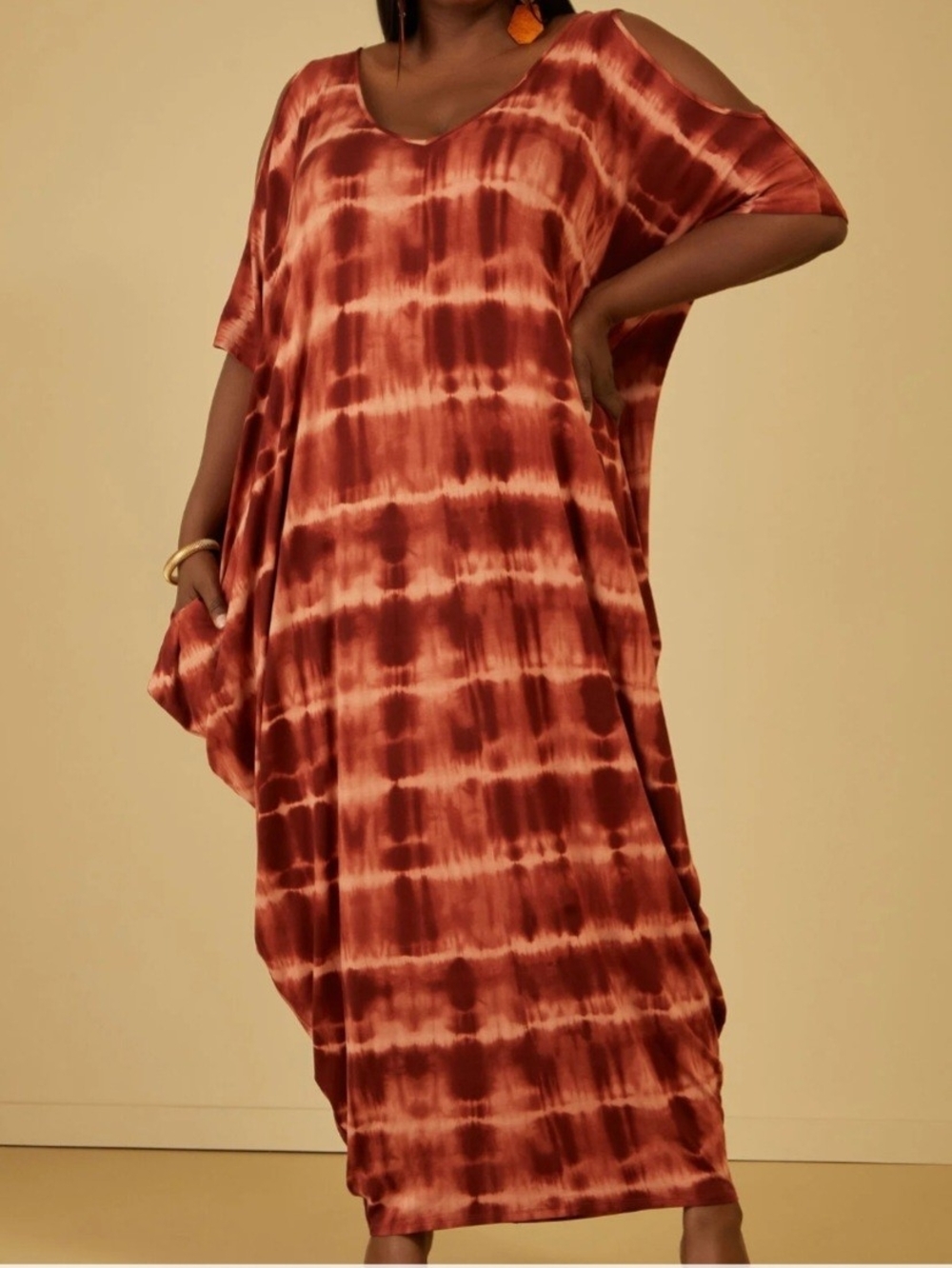 NWT Ashley Stewart Burnt Henna Tie-Dye Cold-Shoulder Maxi Dress Size 3X/4X